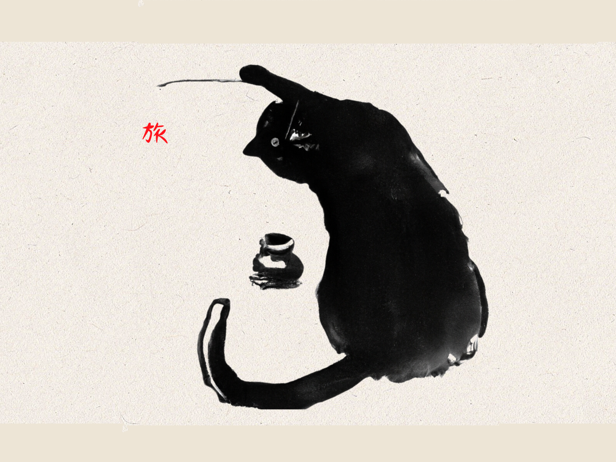 Black cat playing with ink and featuring the Japanese word for happiness