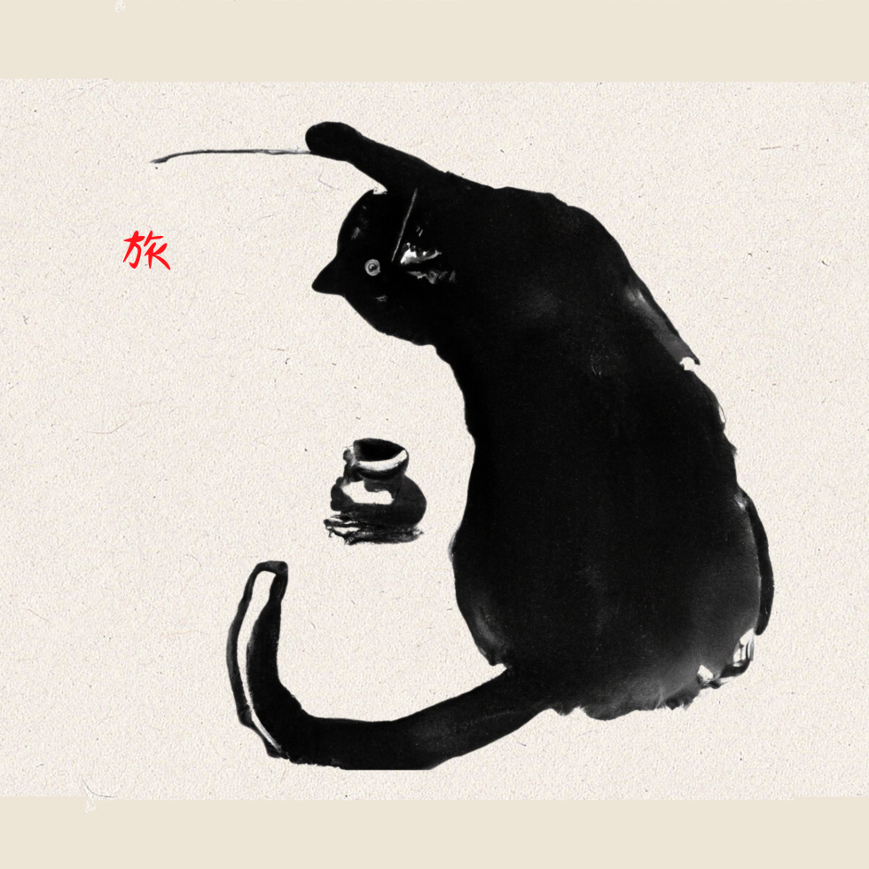 Black cat playing with ink and featuring the Japanese word for happiness